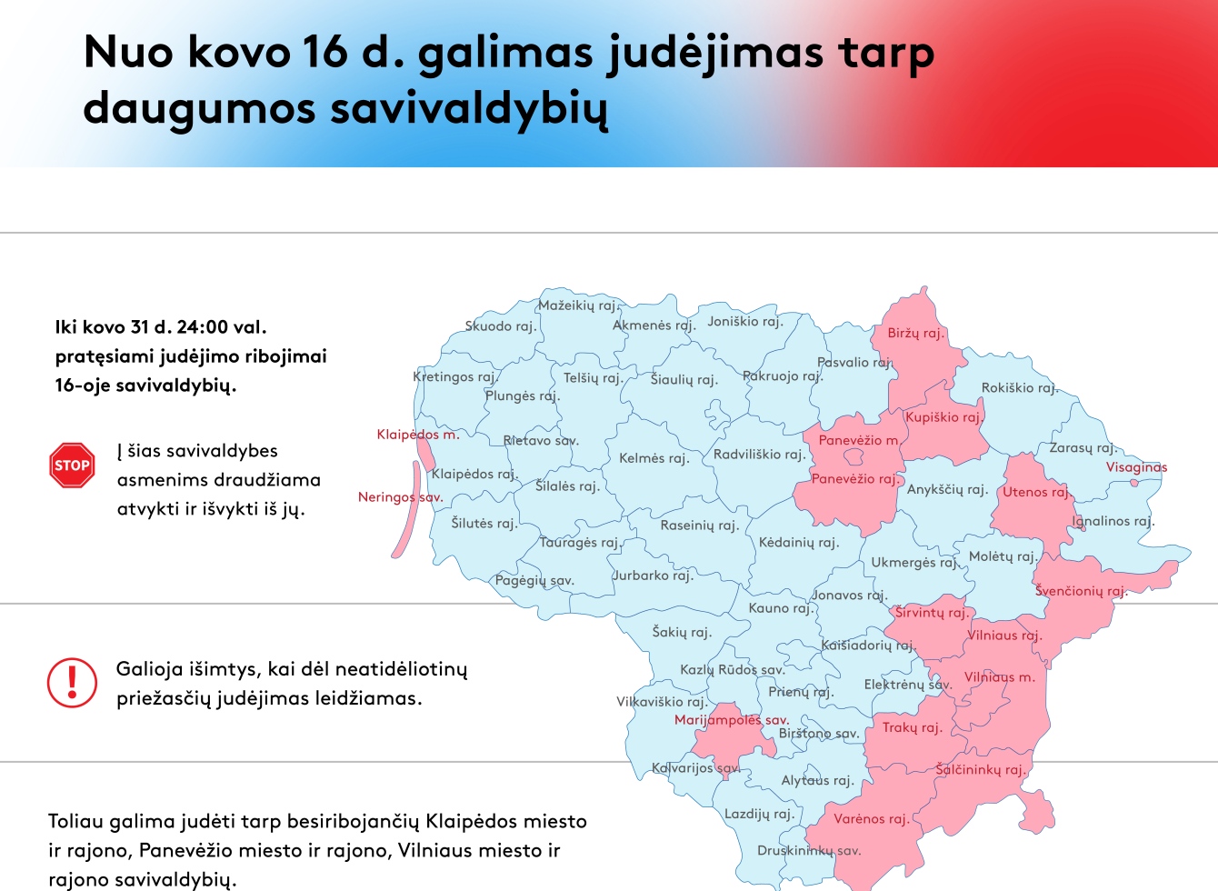 Nuo kovo 16 d. galimas judėjimas tarp daugumos savivaldybių